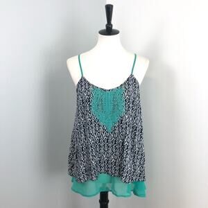THML Navy Ikat Print Embroidered Layered Chiffon Tank Medium